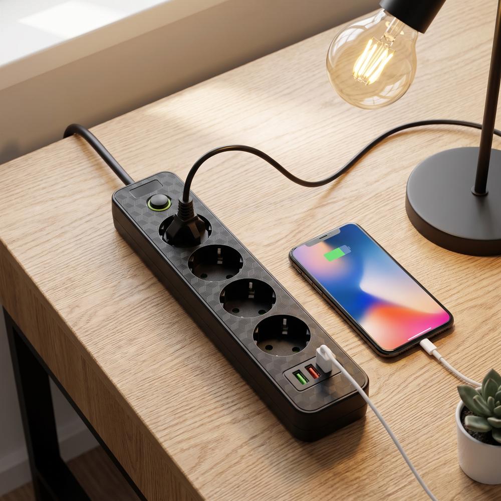 Multipresa con prolunga, 4 prese + 2 porte USB-A + USB-C JNH021-4A Black