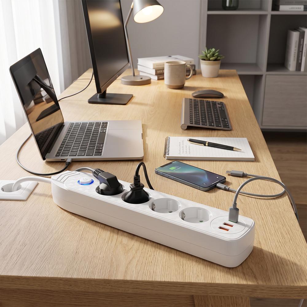 Multipresa con prolunga, 4 prese + 2 porte USB-A + USB-C JNH025-4B White