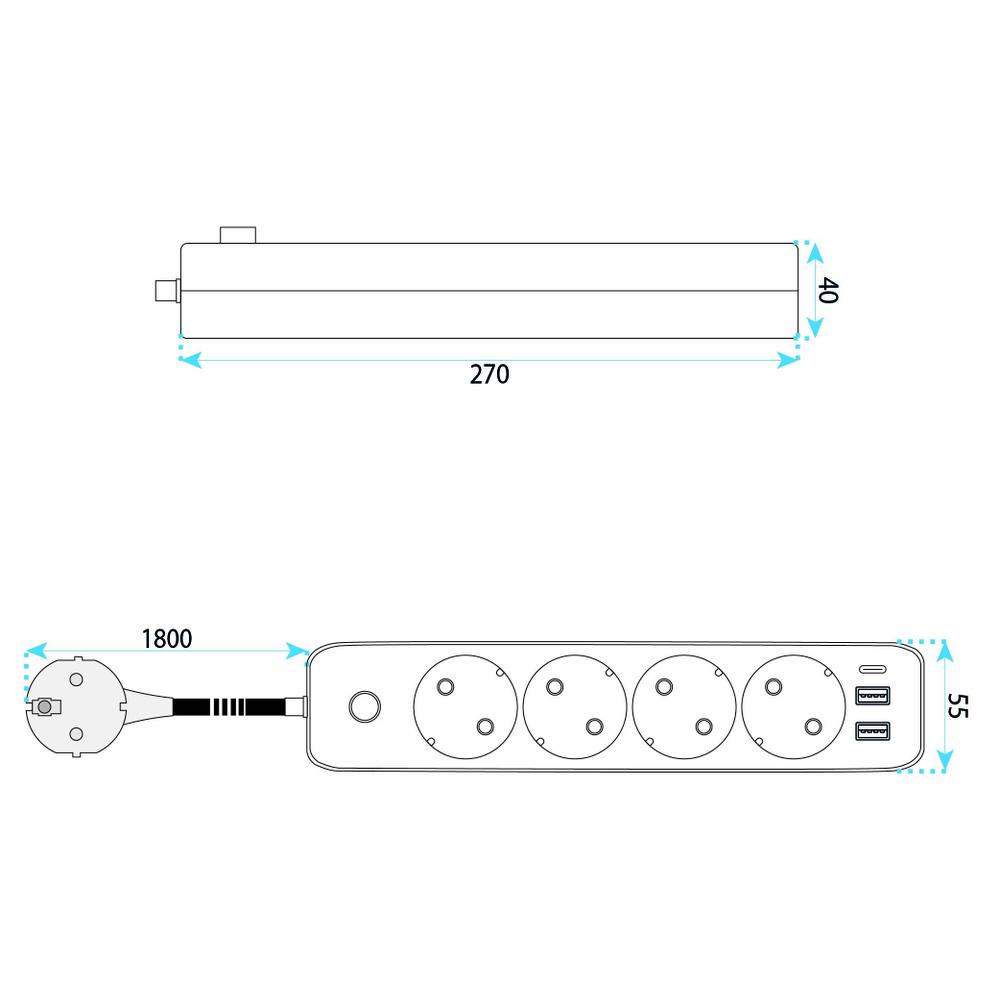 Multipresa con prolunga, 4 prese + 2 porte USB-A + USB-C JNH021-4A Black
