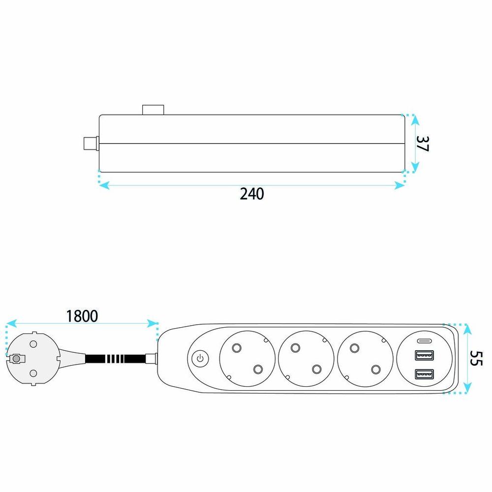 Multipresa con prolunga, 3 prese + 2 porte USB-A + USB-C JNH024-3B White