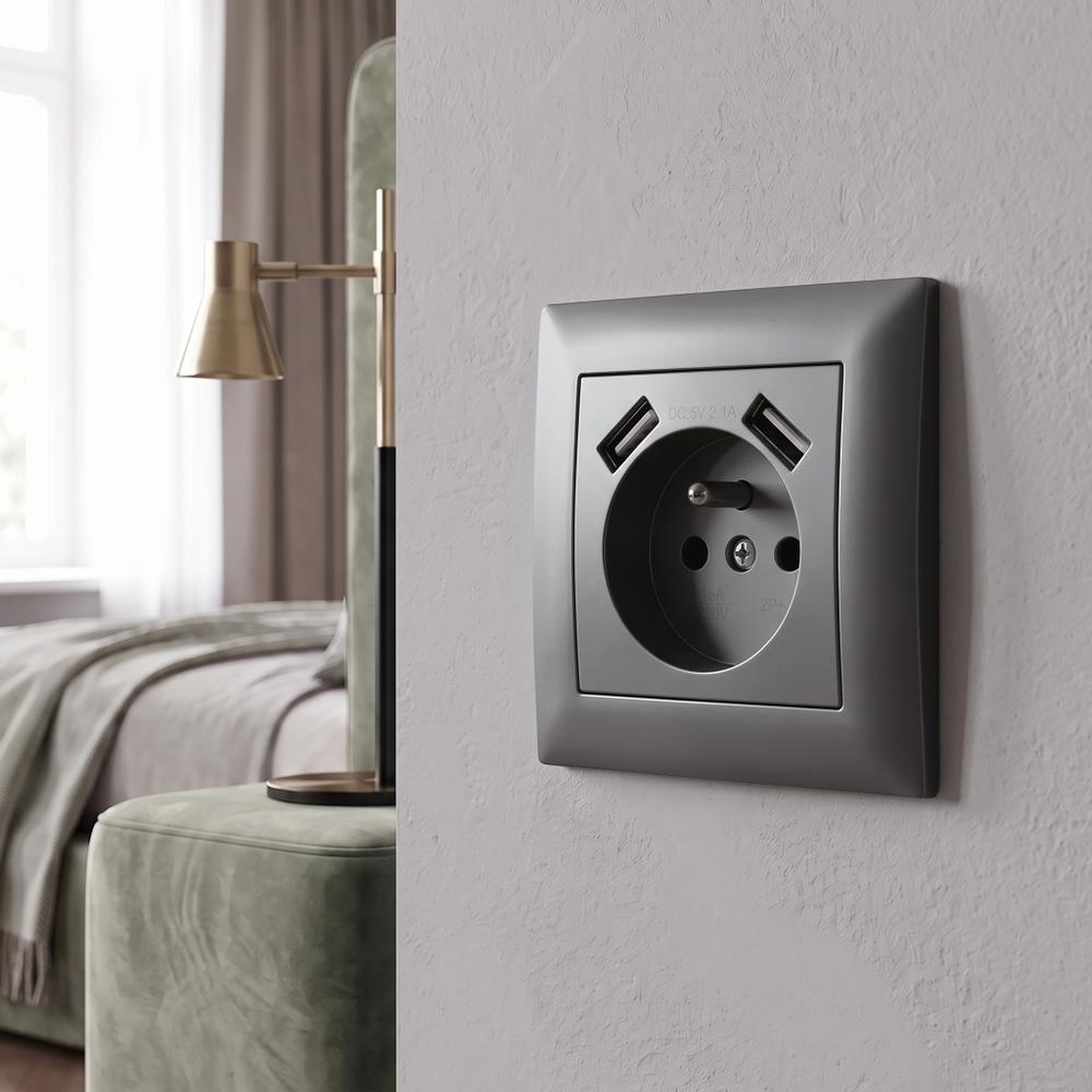 Ühekohaline maandusega pistikupesa + 2x USB-A OSTE JNH003-G Grey