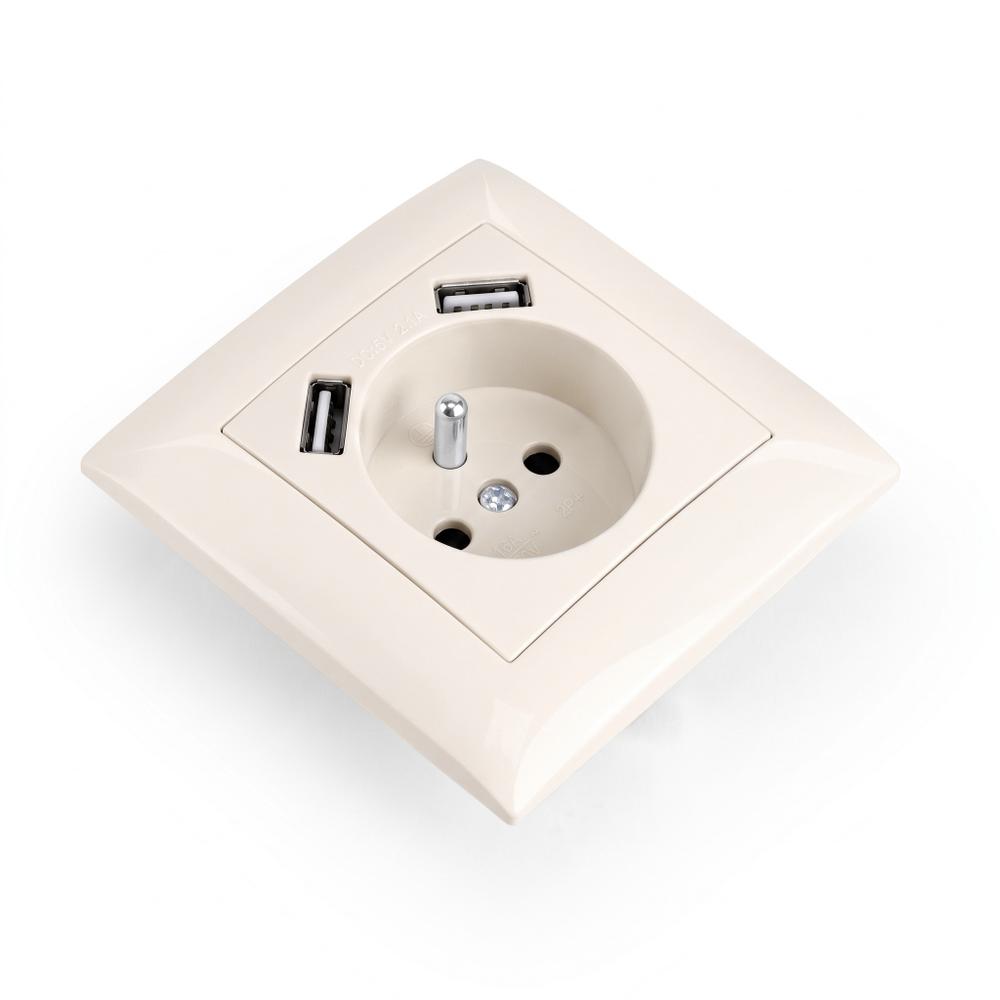 Single grounded socket with frame + 2x USB-A OSTE JNH003-G Beige