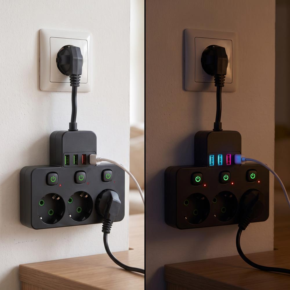 Listwa zasilająca 3 gniazda + 3x USB-A + USB-C JNH018 Czarna