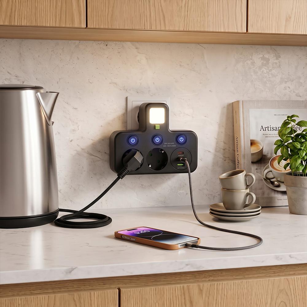 Steckdosenleiste 2 Steckdosen + 2x USB-A + USB-C JNH0-17 Black