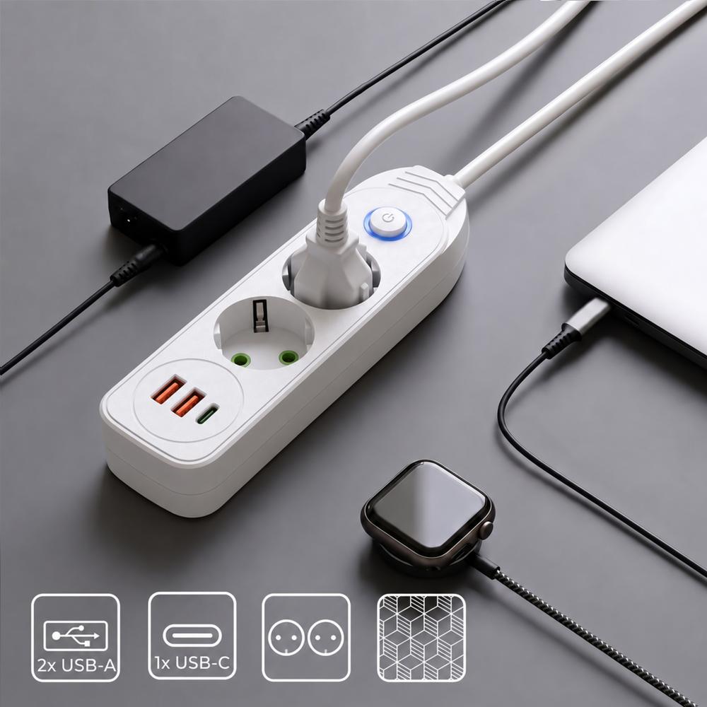 Multipresa con prolunga, 2 prese + 2 porte USB-A + USB-C JNH024-3B White