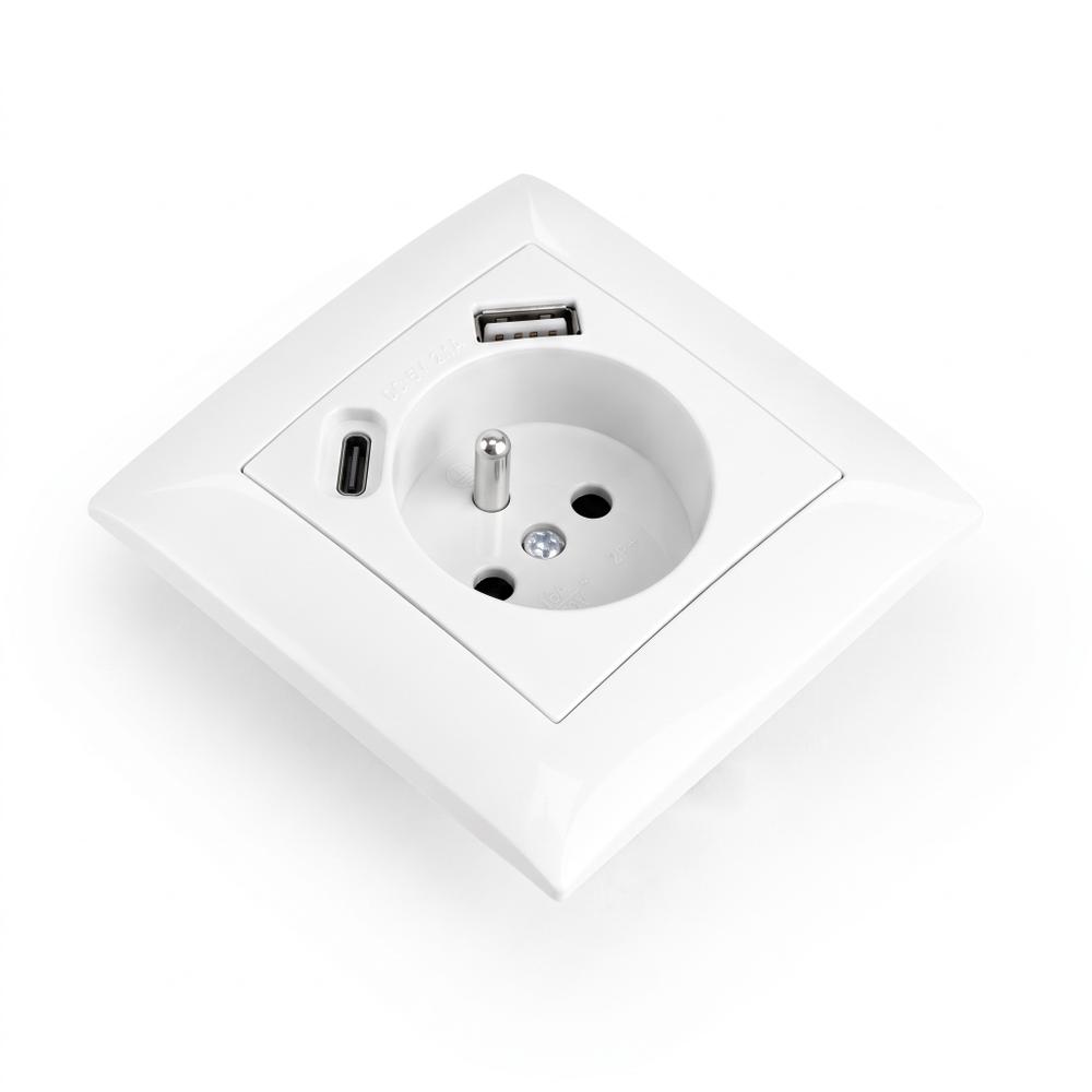 Ühekohaline maandusega pistikupesa + USB-A USB-C OSTE JNH004-G White