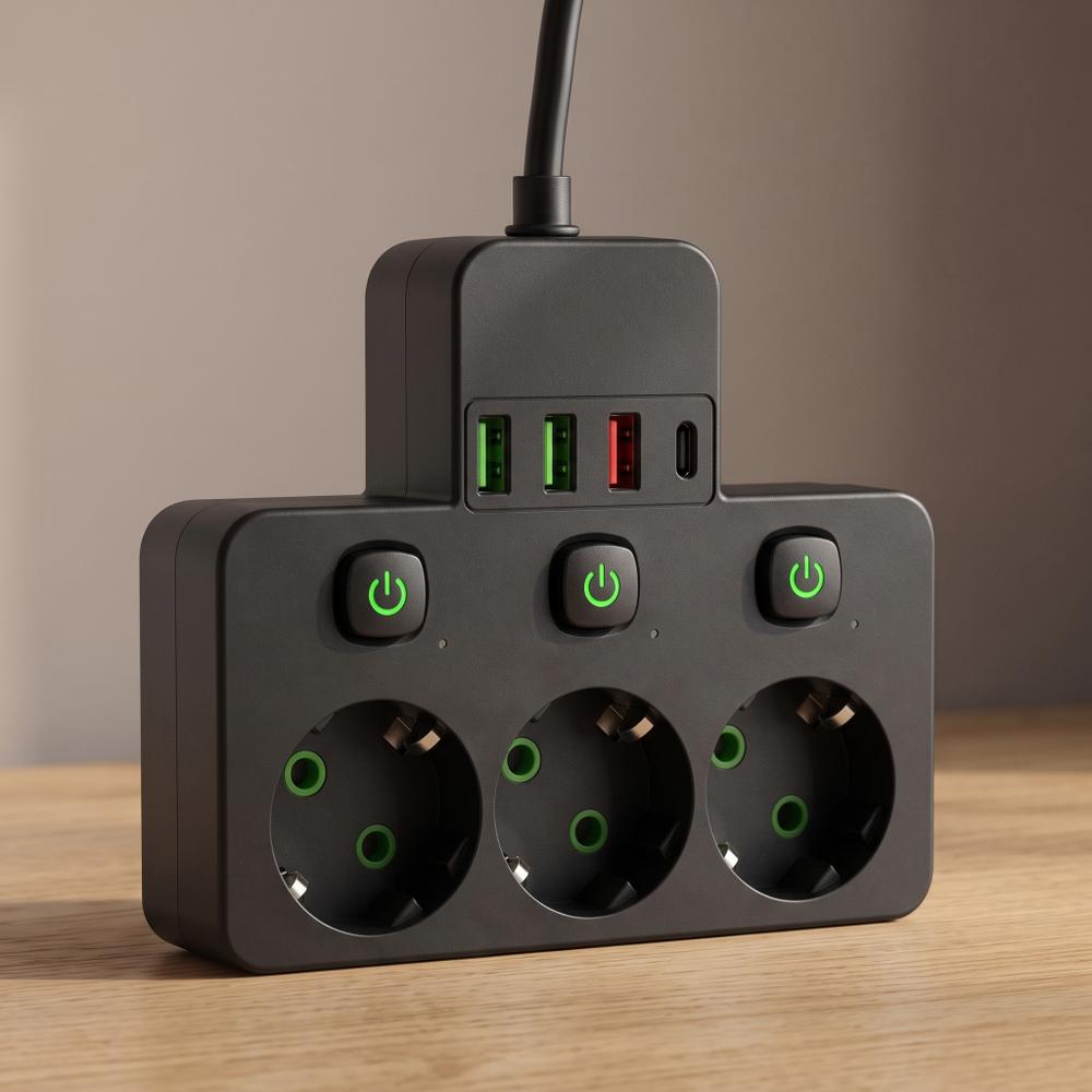 Listwa zasilająca 3 gniazda + 3x USB-A + USB-C JNH018 Czarna
