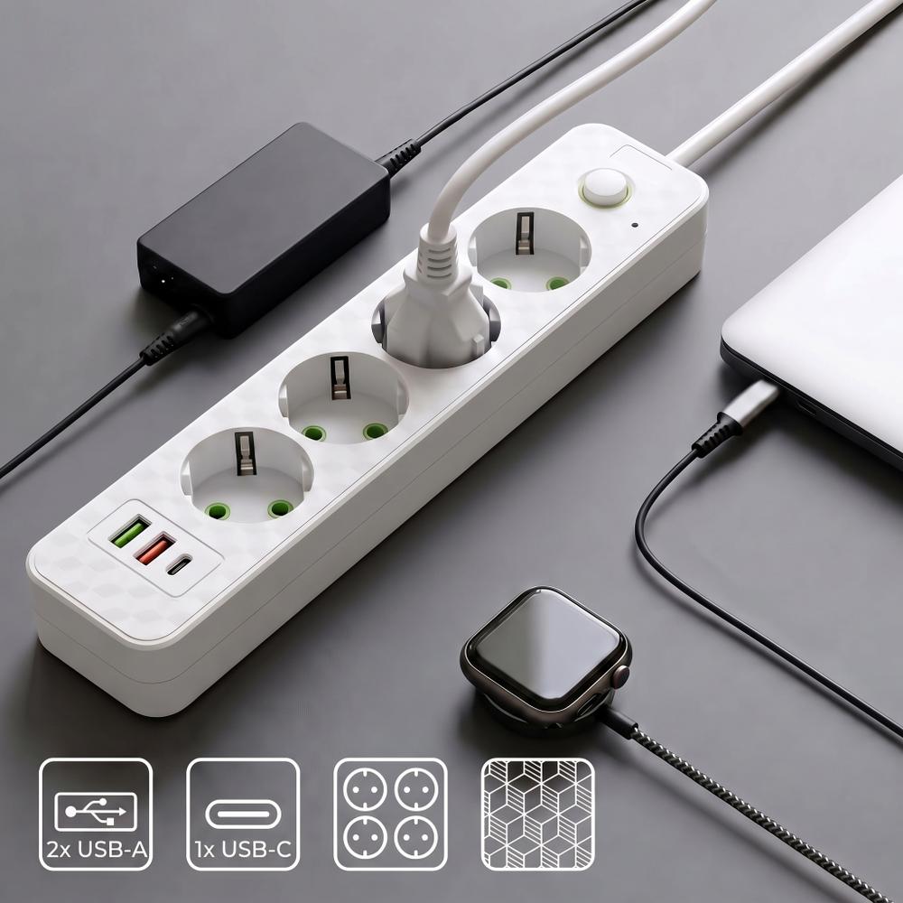 Pagarinātājs 4 rozetes + 2x USB-A + USB-C JNH021-4A White