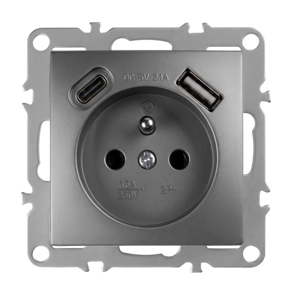 Prise simple avec terre + USB-A USB-C OSTE JNH004-G Grey