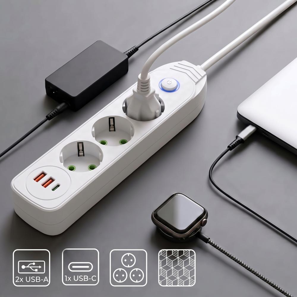 Multipresa con prolunga, 3 prese + 2 porte USB-A + USB-C JNH024-3B White