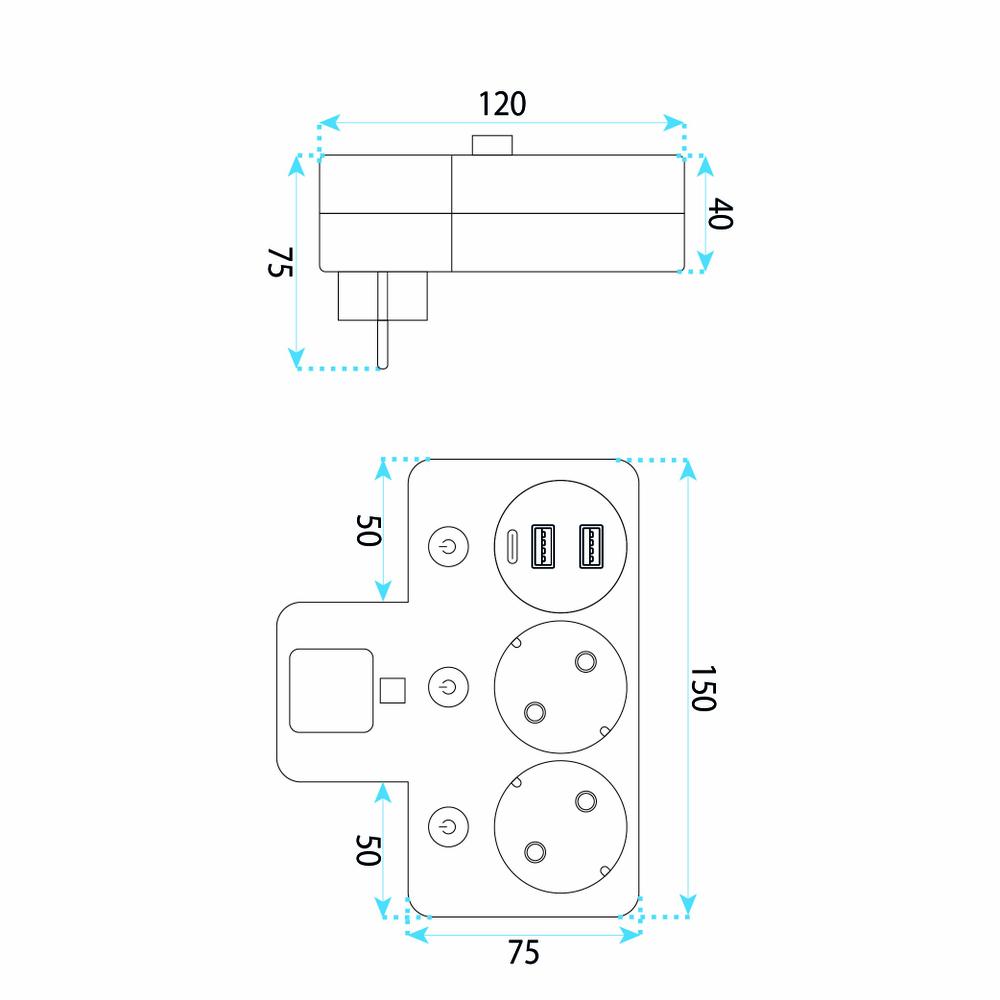Steckdosenleiste 2 Steckdosen + 2x USB-A + USB-C JNH0-17 Black
