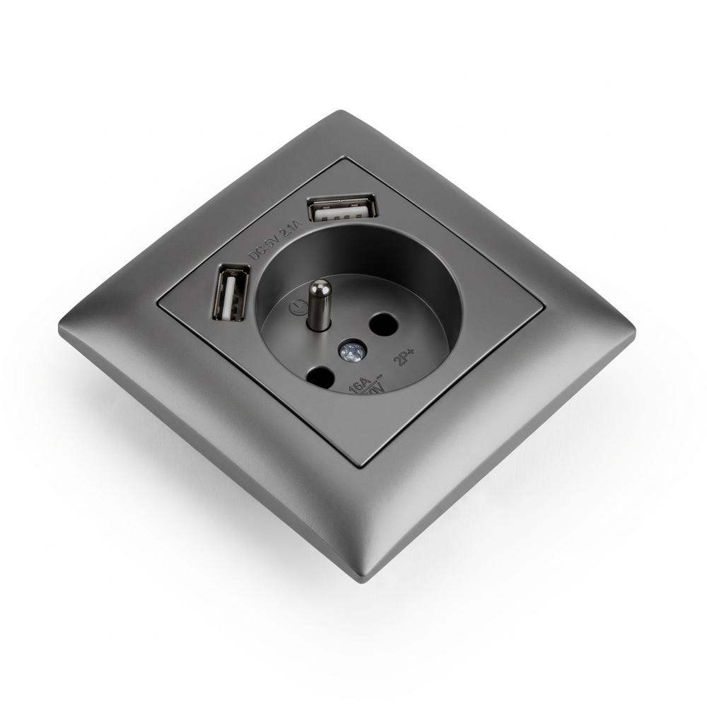 Ühekohaline maandusega pistikupesa + 2x USB-A OSTE JNH003-G Grey
