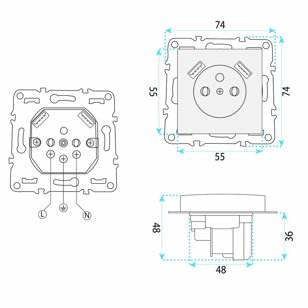 Ühekohaline maandusega pistikupesa + 2x USB-A OSTE JNH003-G Grey