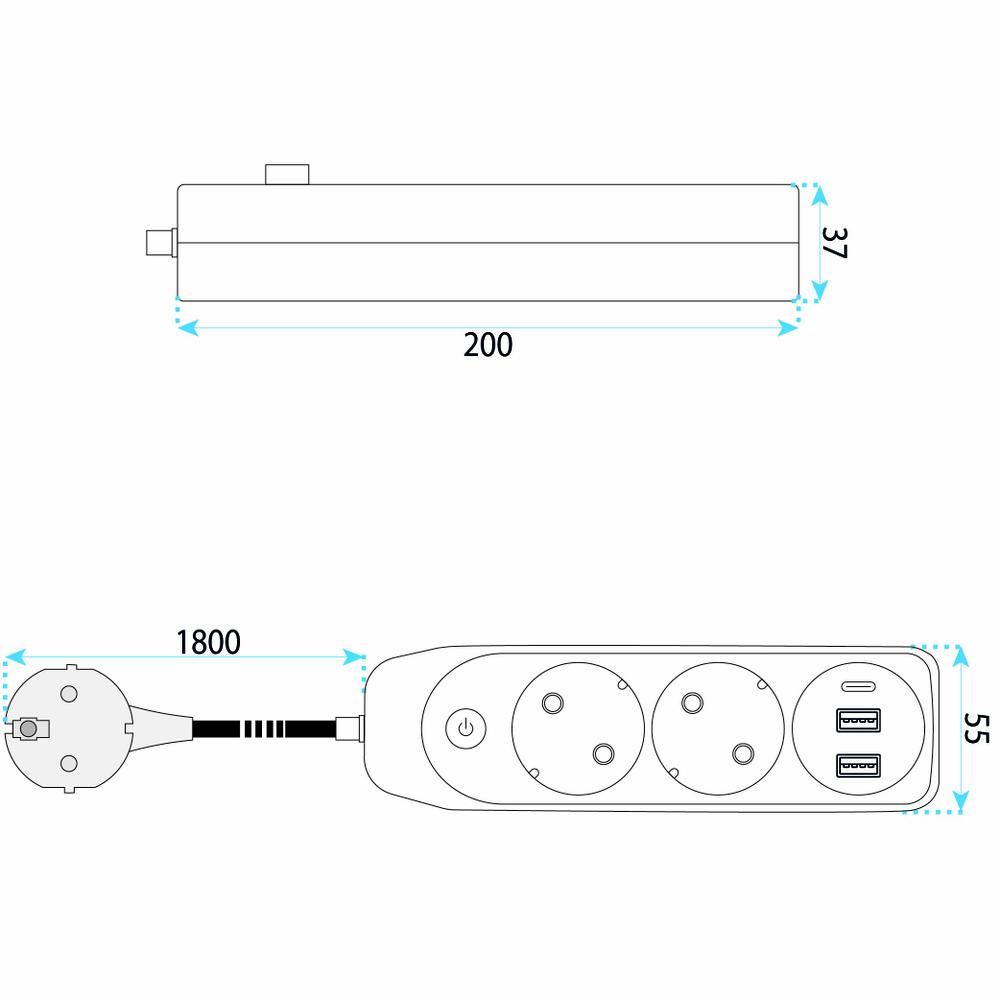 Multipresa con prolunga, 2 prese + 2 porte USB-A + USB-C JNH024-3B White