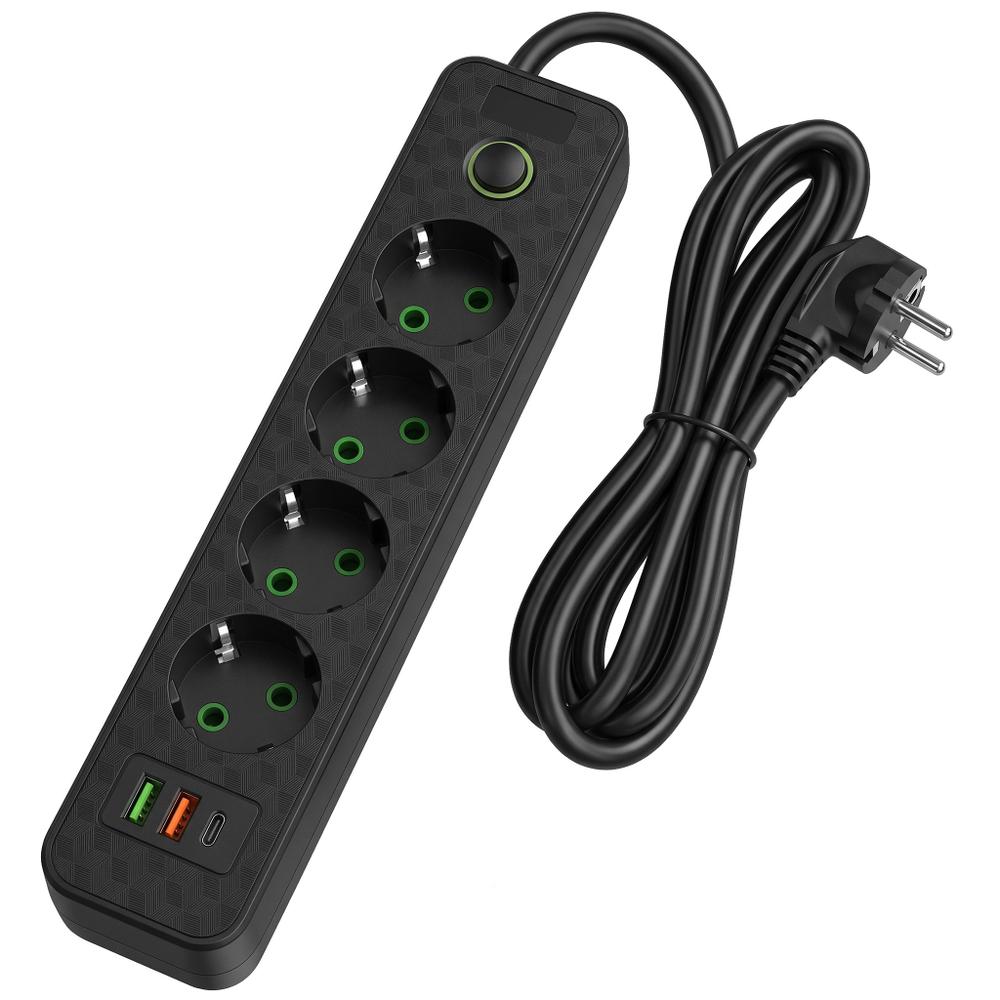 Multipresa con prolunga, 4 prese + 2 porte USB-A + USB-C JNH021-4A Black