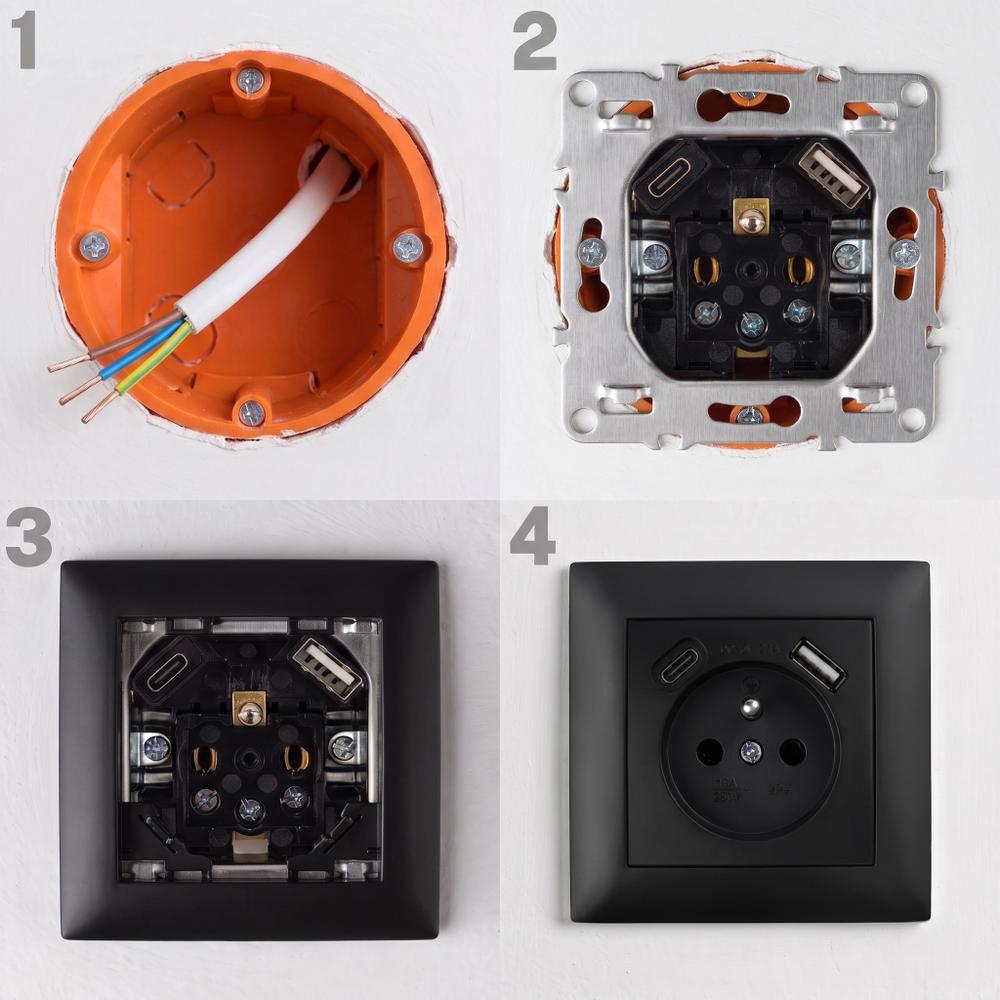 Egyszeres földelt aljzat + USB-A USB-C OSTE JNH004-G Black