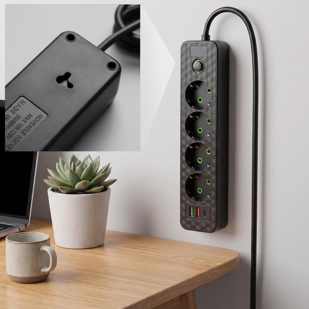 Multipresa con prolunga, 4 prese + 2 porte USB-A + USB-C JNH021-4A Black