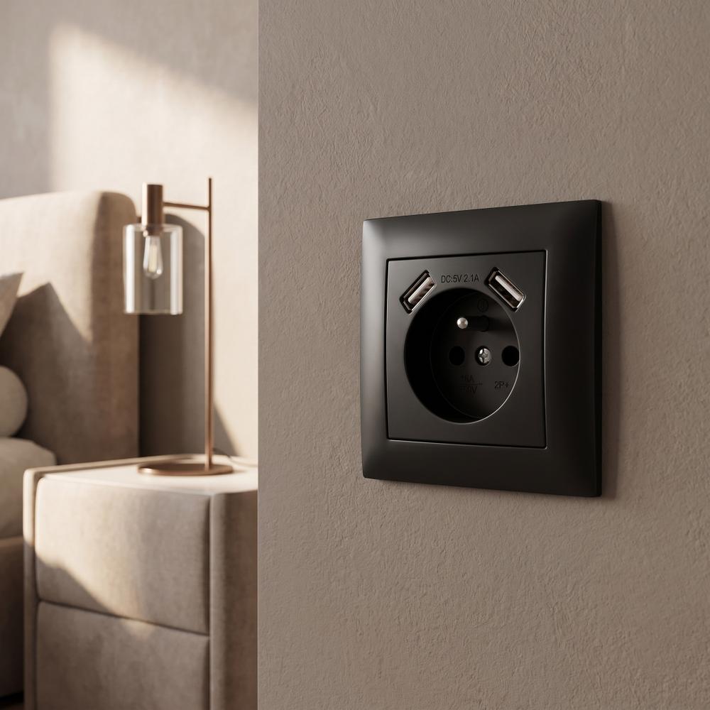 Ühekohaline maandusega pistikupesa + 2x USB-A OSTE JNH003-G Black