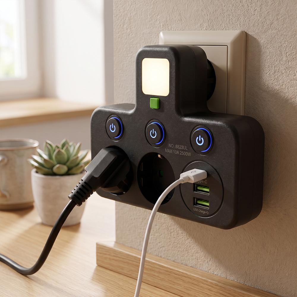 Steckdosenleiste 2 Steckdosen + 2x USB-A + USB-C JNH0-17 Black