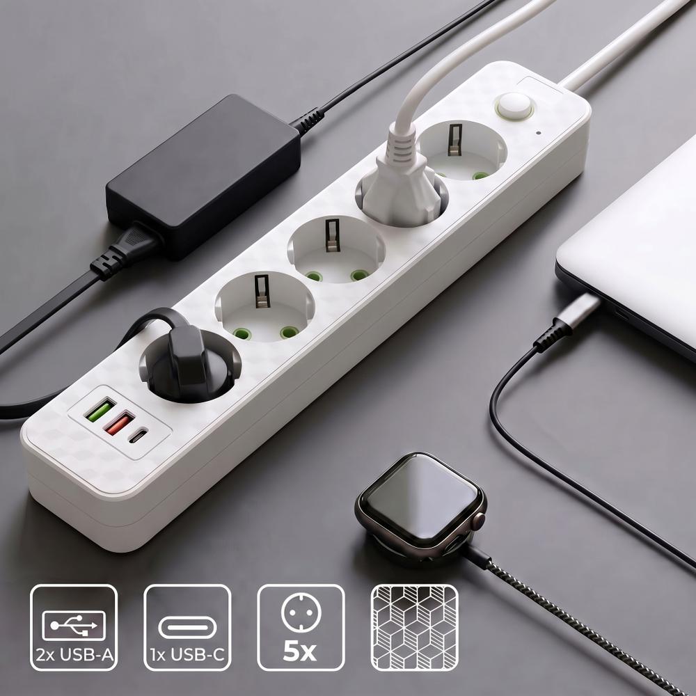 Pagarinātājs 5 ligzdas + 2x USB-A + USB-C JNH022-5A White