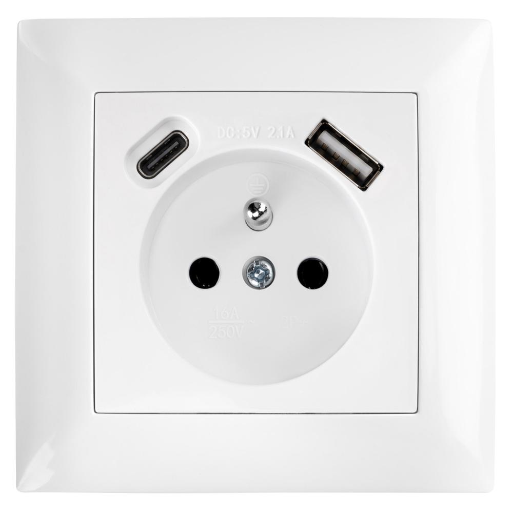 Ühekohaline maandusega pistikupesa + USB-A USB-C OSTE JNH004-G White
