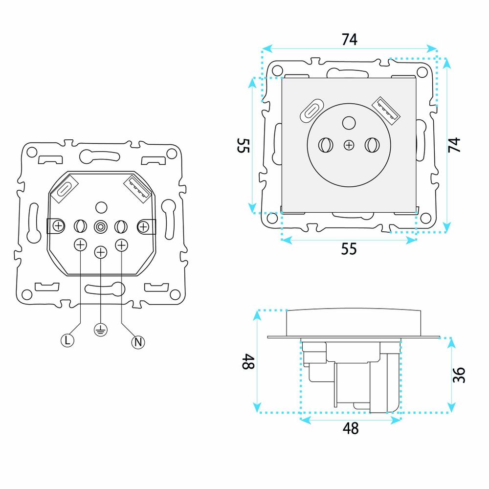 Ühekohaline maandusega pistikupesa + USB-A USB-C OSTE JNH004-G White
