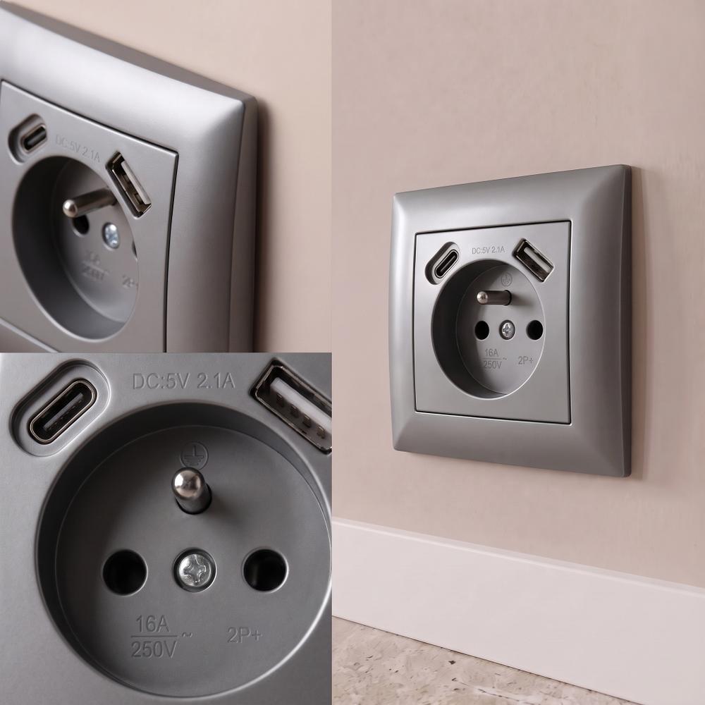 Prise simple avec terre + USB-A USB-C OSTE JNH004-G Grey
