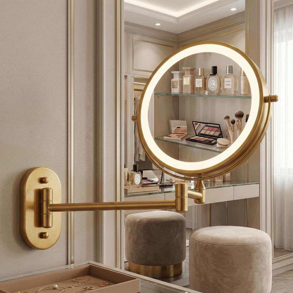Dubbelriktad väggspegel med LED Glow, kosmetisk, guld vintage