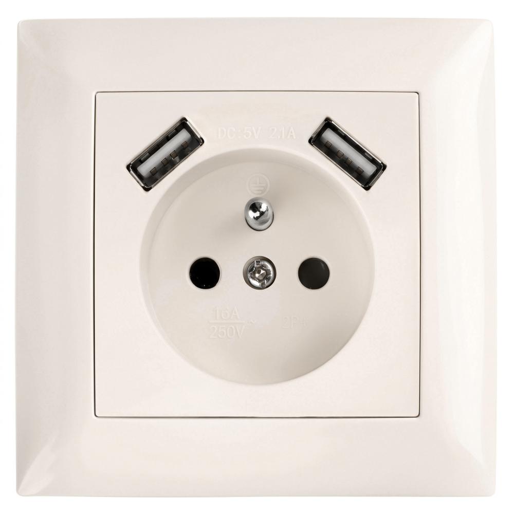 Single grounded socket with frame + 2x USB-A OSTE JNH003-G Beige