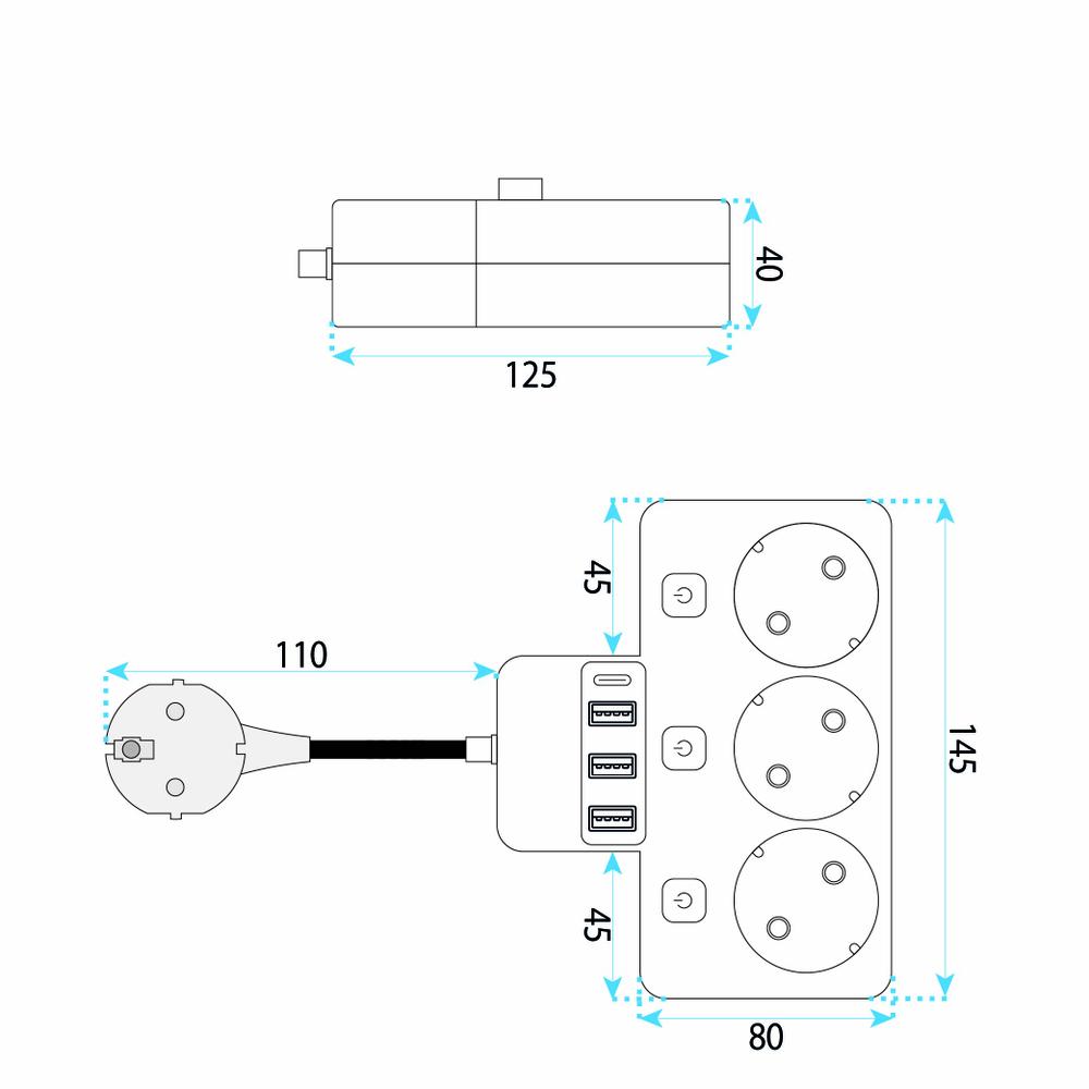Listwa zasilająca 3 gniazda + 3x USB-A + USB-C JNH018 Czarna