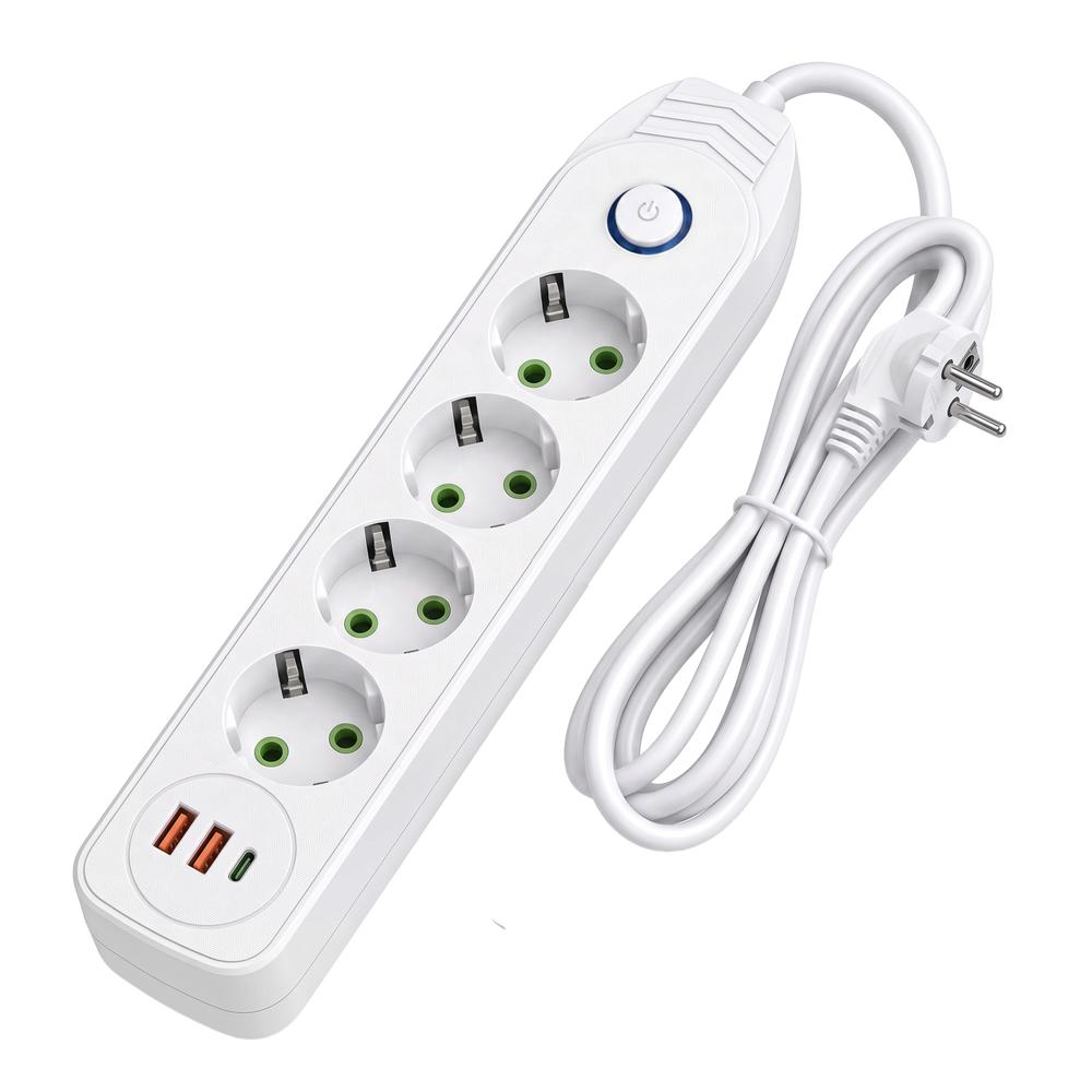 Multipresa con prolunga, 4 prese + 2 porte USB-A + USB-C JNH025-4B White