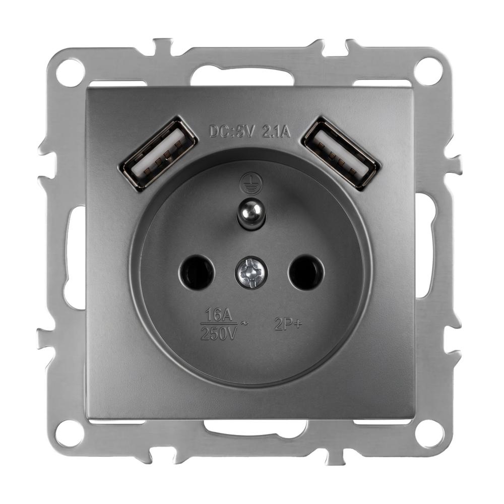 Ühekohaline maandusega pistikupesa + 2x USB-A OSTE JNH003-G Grey