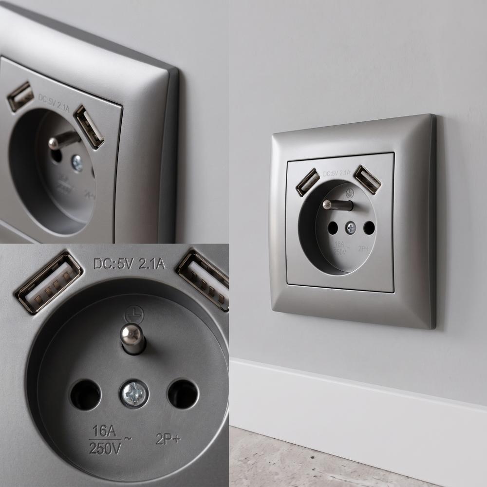 Ühekohaline maandusega pistikupesa + 2x USB-A OSTE JNH003-G Grey