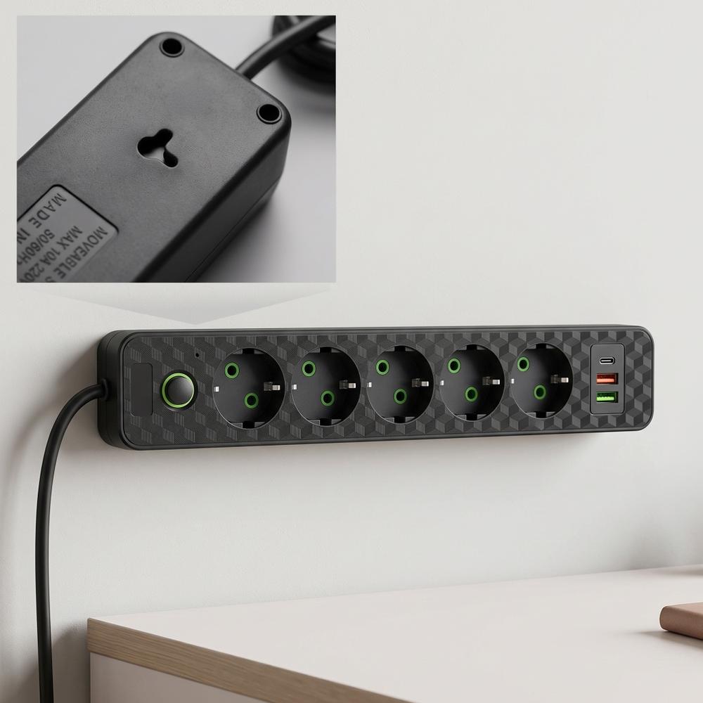 Multipresa con prolunga, 5 prese + 2x USB-A + USB-C REA JNH022-5A Black