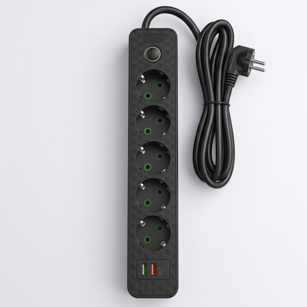 Multipresa con prolunga, 5 prese + 2x USB-A + USB-C REA JNH022-5A Black
