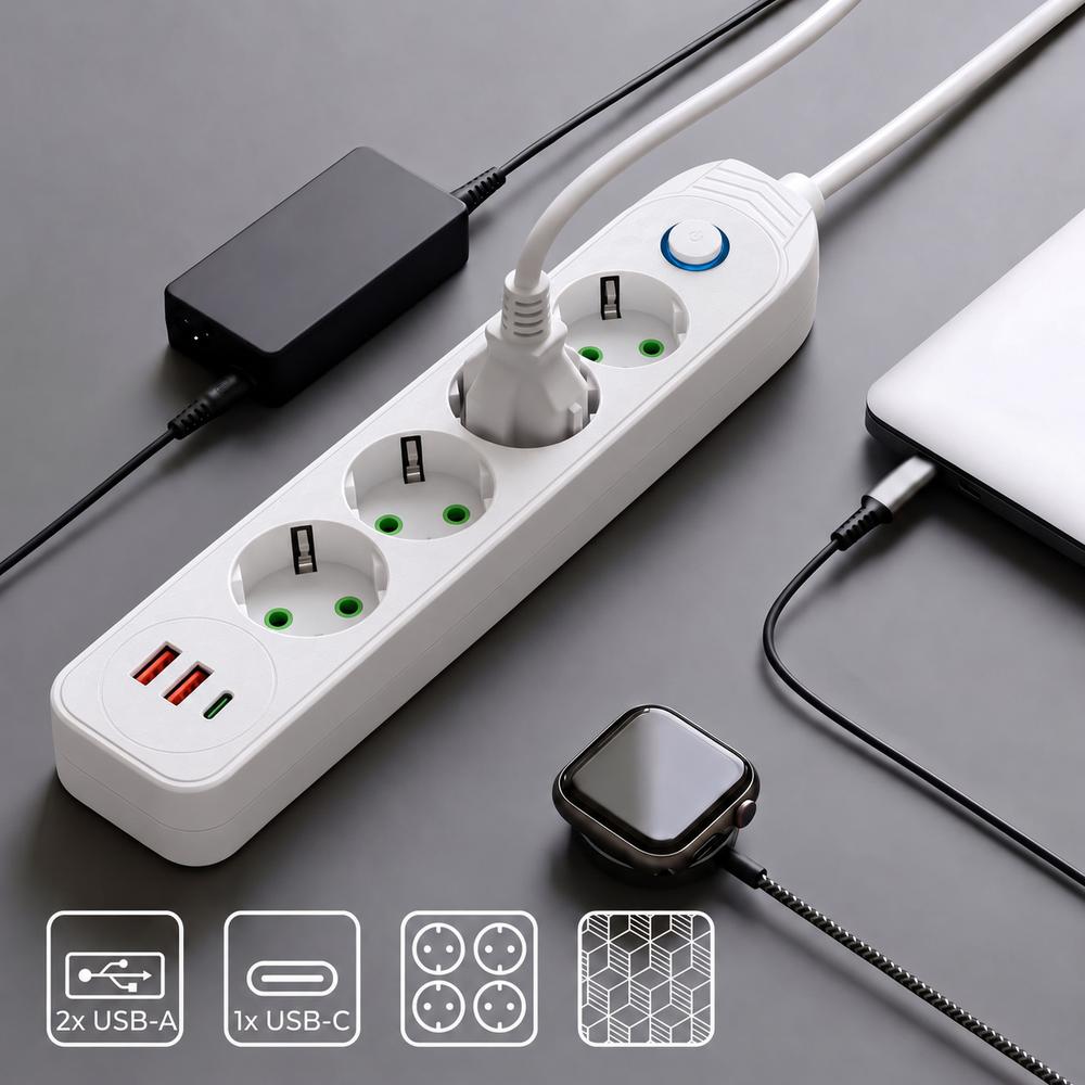 Multipresa con prolunga, 4 prese + 2 porte USB-A + USB-C JNH025-4B White