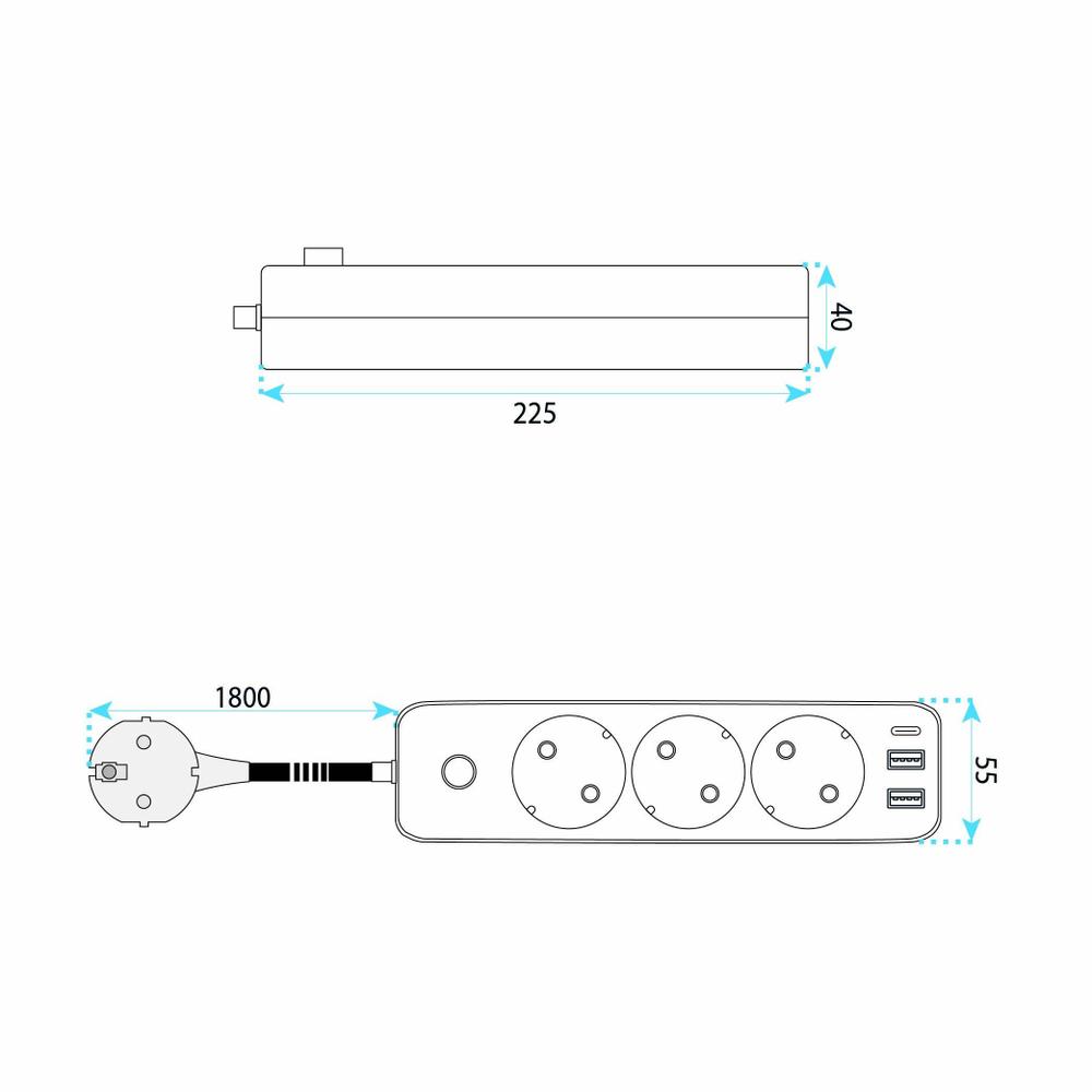 Pikendusjuhe 3 pistikupesa + 2x USB-A + USB-C JNH020-3A Black