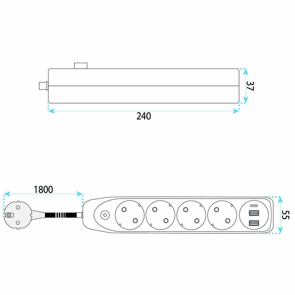Multipresa con prolunga, 4 prese + 2 porte USB-A + USB-C JNH025-4B White
