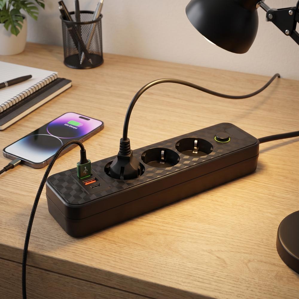 Pikendusjuhe 3 pistikupesa + 2x USB-A + USB-C JNH020-3A Black