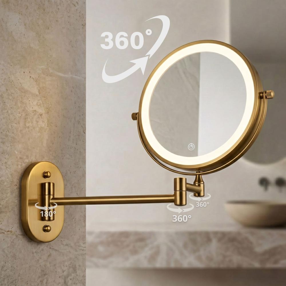 Dubbelriktad väggspegel med LED Glow, kosmetisk, guld vintage
