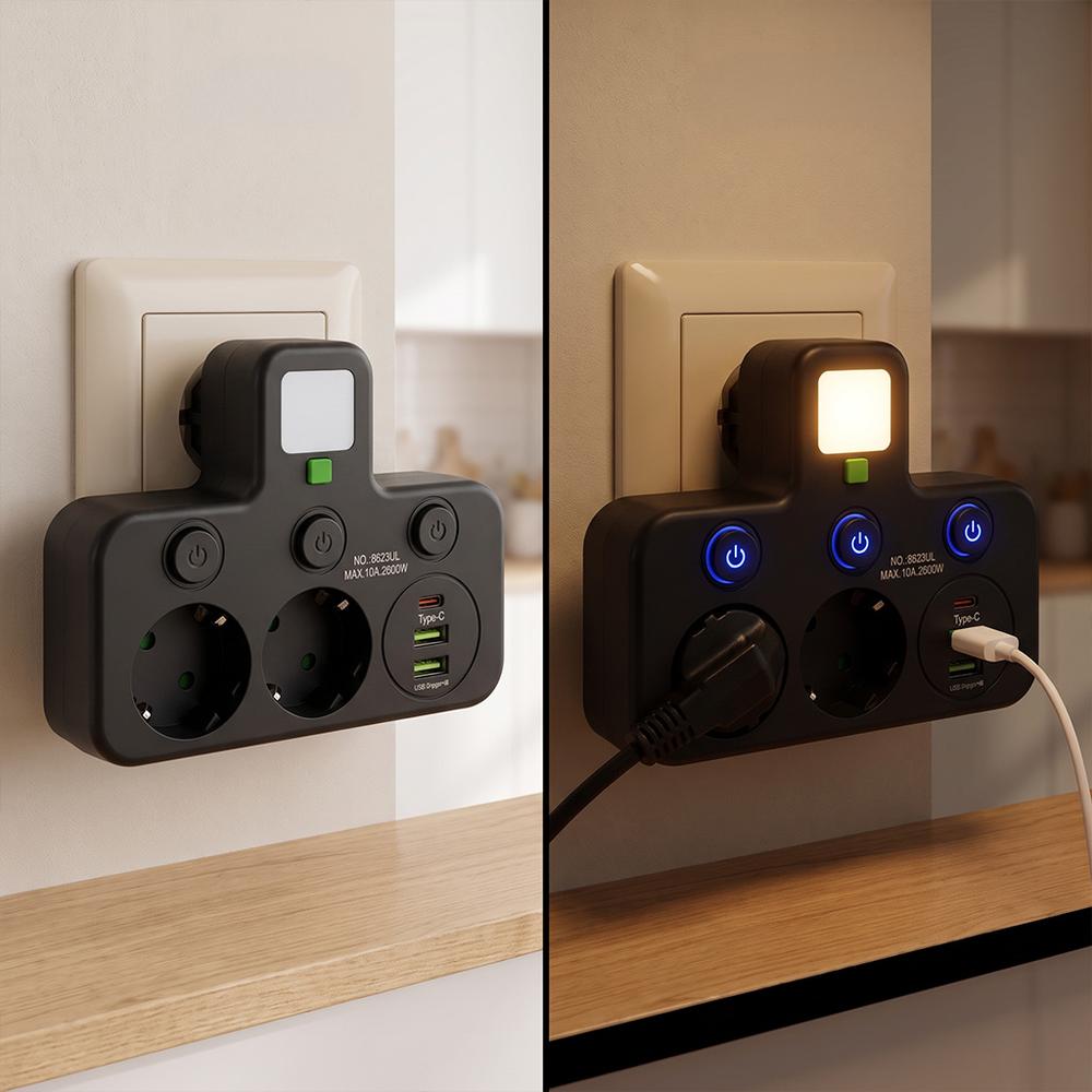 Steckdosenleiste 2 Steckdosen + 2x USB-A + USB-C JNH0-17 Black