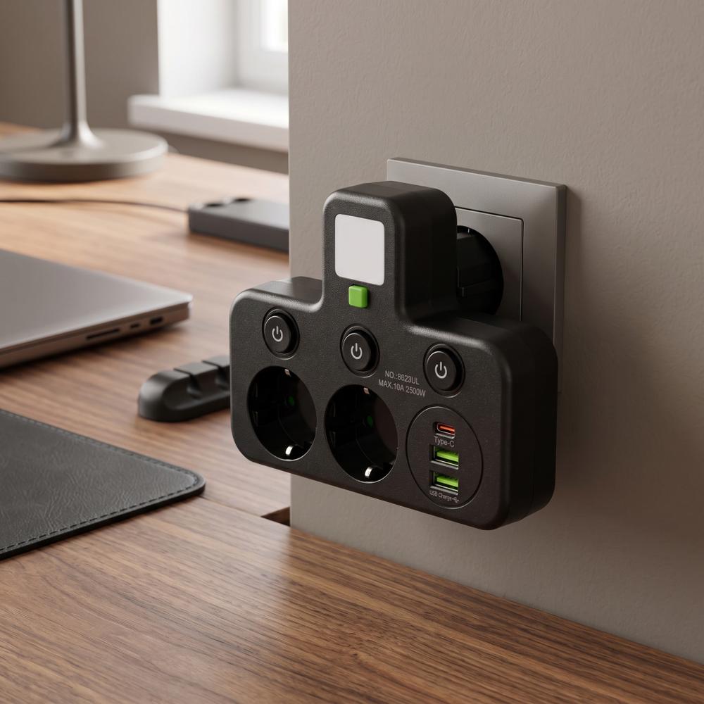 Steckdosenleiste 2 Steckdosen + 2x USB-A + USB-C JNH0-17 Black