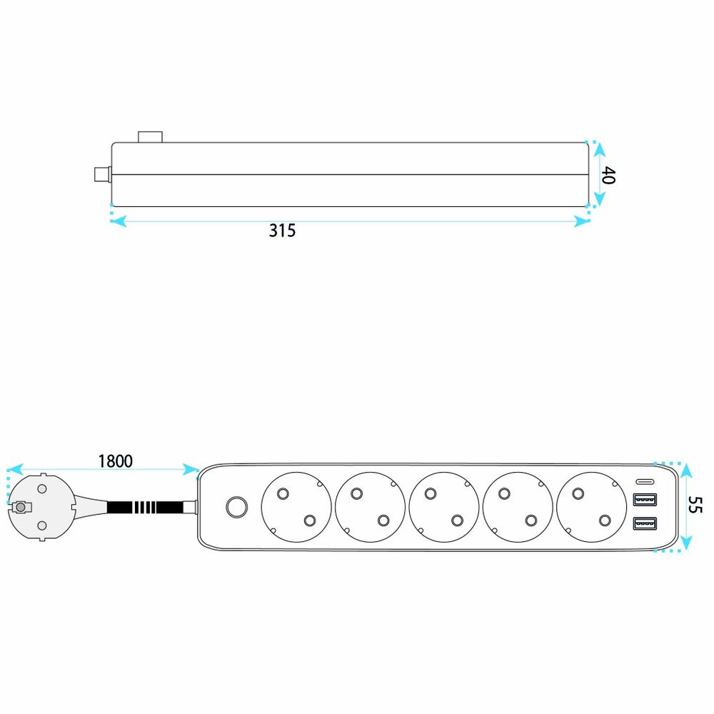 Pagarinātājs 5 ligzdas + 2x USB-A + USB-C JNH022-5A White