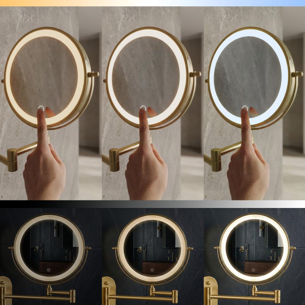 Dubbelriktad väggspegel med LED Glow, kosmetisk, guld vintage