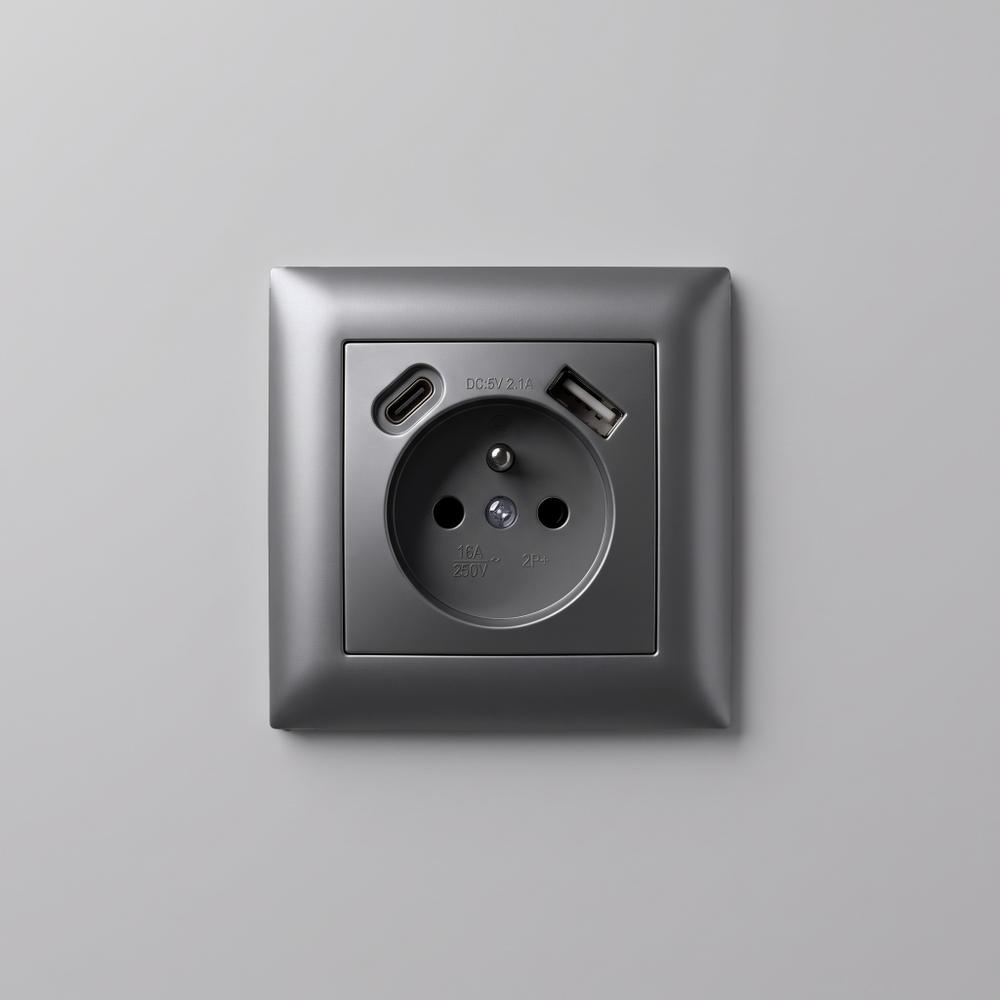 Prise simple avec terre + USB-A USB-C OSTE JNH004-G Grey