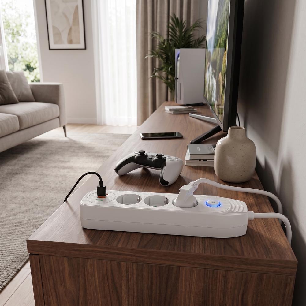 Multipresa con prolunga, 3 prese + 2 porte USB-A + USB-C JNH024-3B White