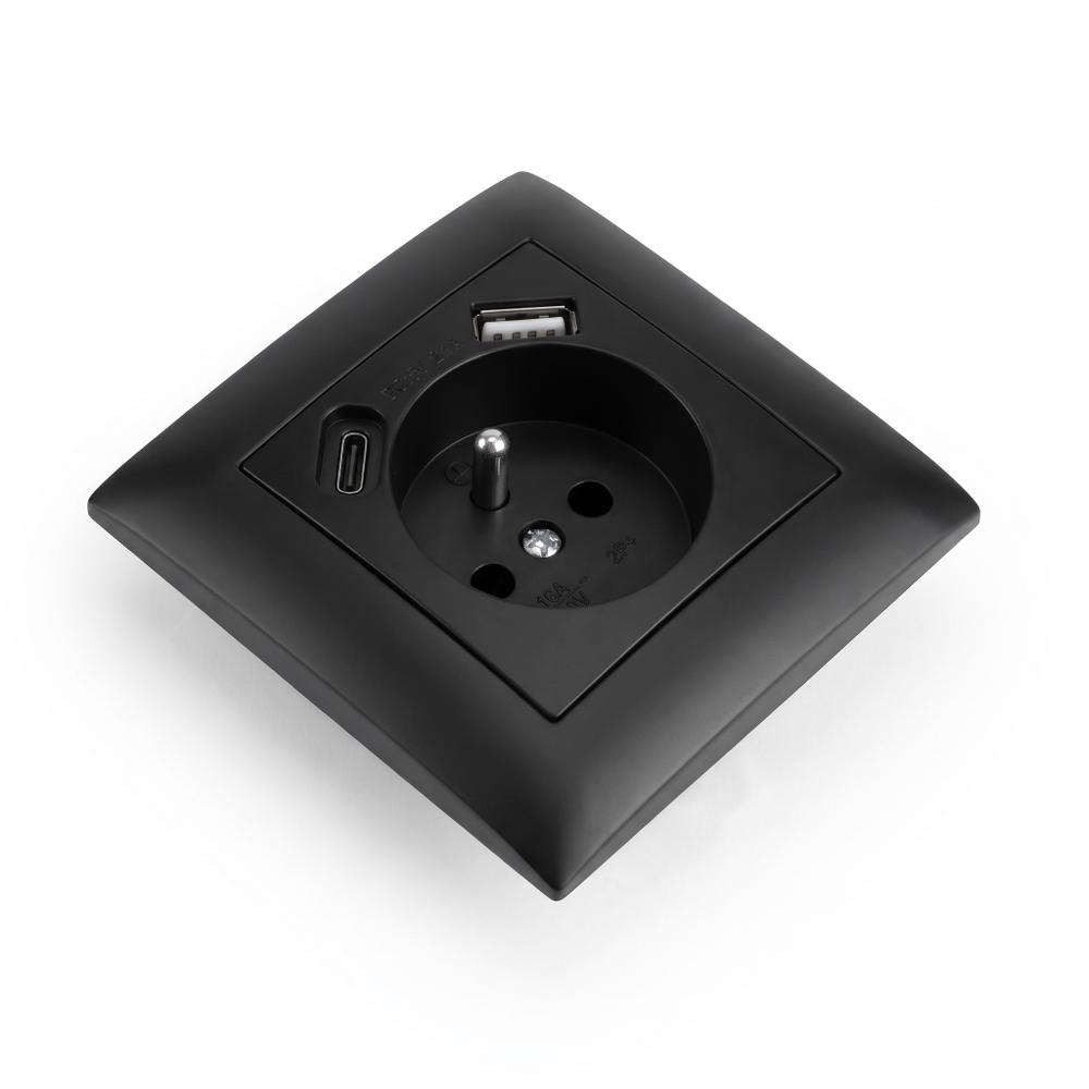 Egyszeres földelt aljzat + USB-A USB-C OSTE JNH004-G Black