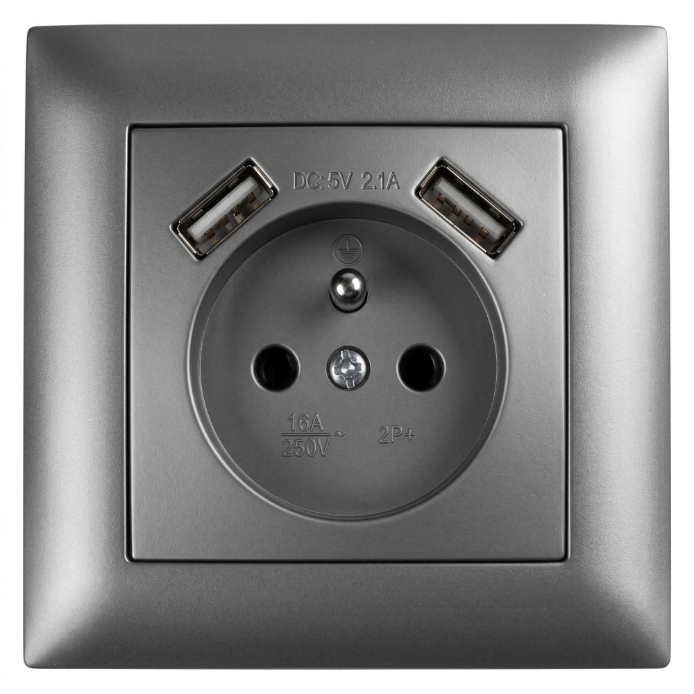 Ühekohaline maandusega pistikupesa + 2x USB-A OSTE JNH003-G Grey