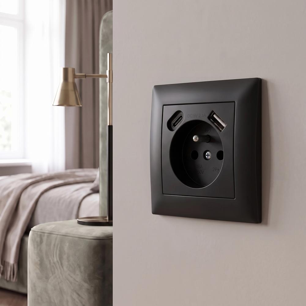 Egyszeres földelt aljzat + USB-A USB-C OSTE JNH004-G Black