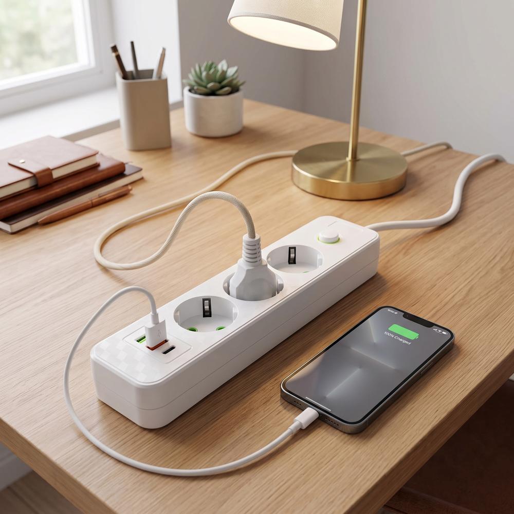 Power strip Extension cord 3 outlets + 2x USB-A + USB-C JNH020-3A White